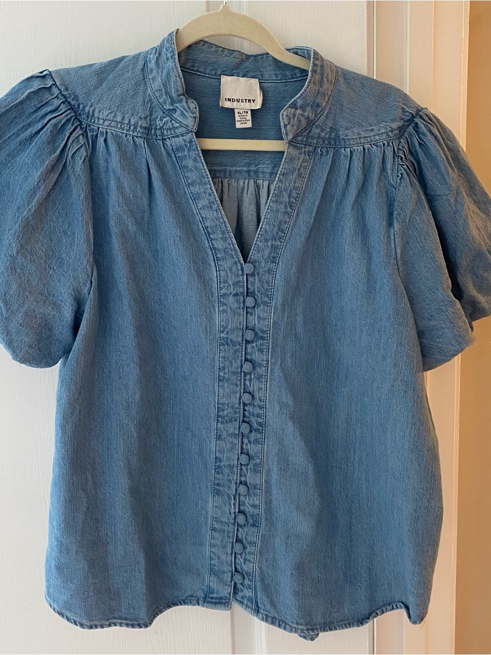 INDUSTRY Blue Denim Button-Front Puff Sleeve Top